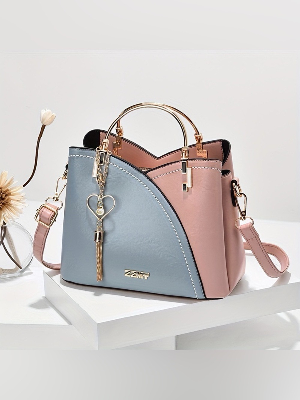 Two-Tone Blue & Pink Women’s Top-Handle Handbag